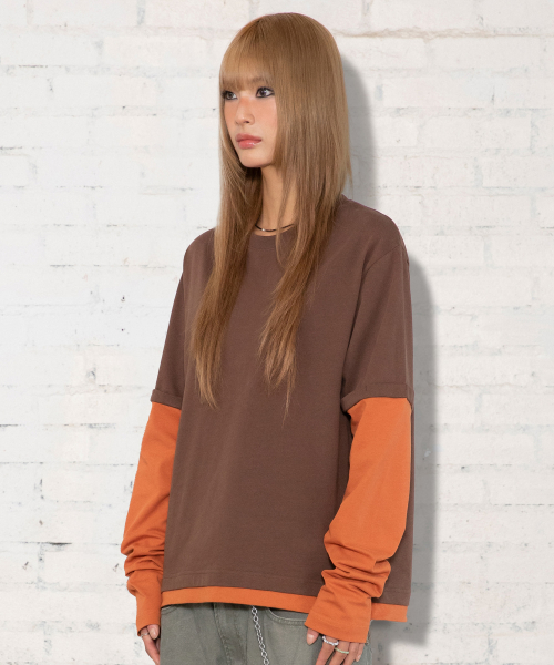 XTT166 롤업 레이어드 크롭 롱슬리브 (BROWN)