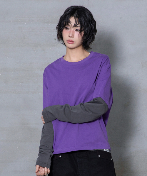 XTT166 롤업 레이어드 크롭 롱슬리브 (PURPLE)