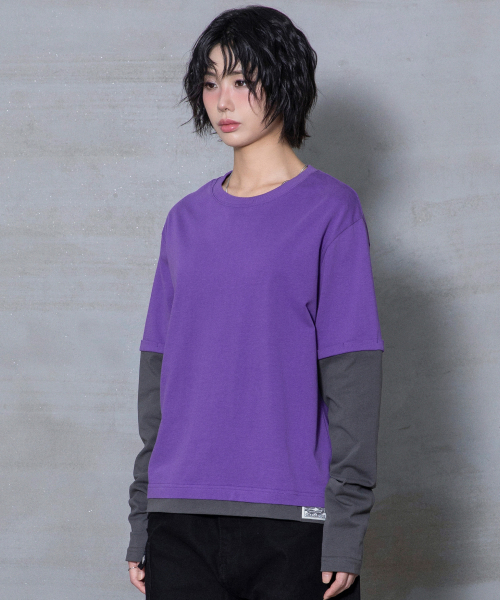 XTT166 롤업 레이어드 크롭 롱슬리브 (PURPLE)