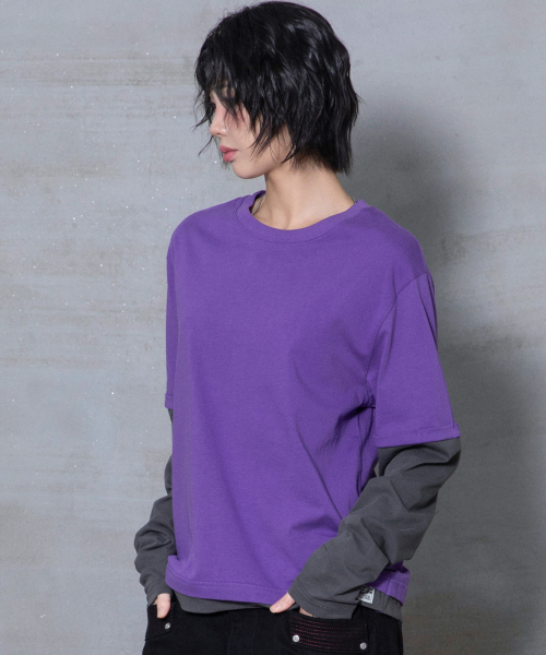 XTT166 롤업 레이어드 크롭 롱슬리브 (PURPLE)
