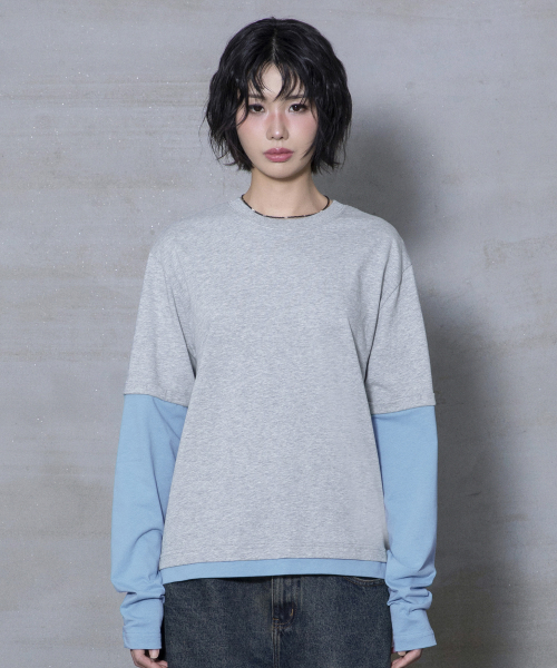 XTT166 롤업 레이어드 크롭 롱슬리브 (GRAY)