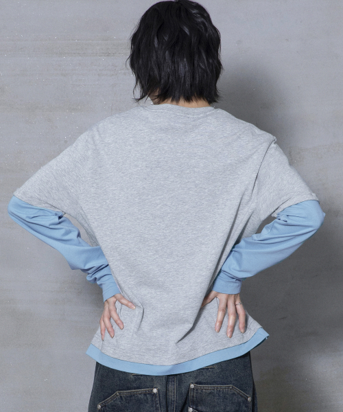 XTT166 롤업 레이어드 크롭 롱슬리브 (GRAY)