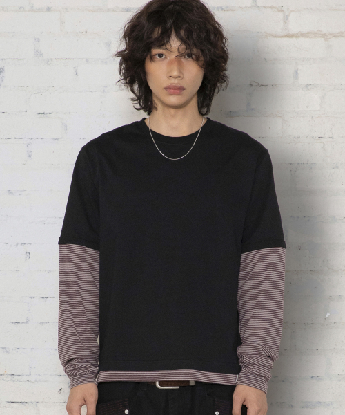 XTT166 롤업 레이어드 크롭 롱슬리브 (STRIPE BLACK)