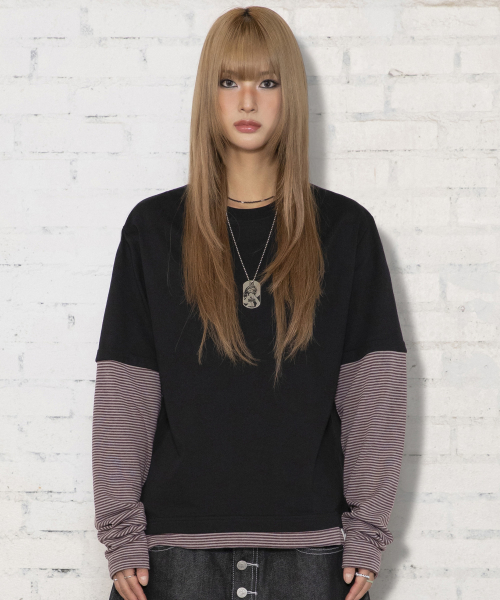 XTT166 롤업 레이어드 크롭 롱슬리브 (STRIPE BLACK)