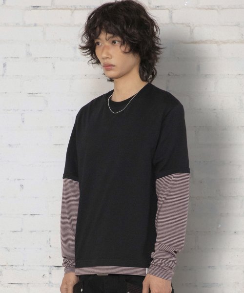 XTT166 롤업 레이어드 크롭 롱슬리브 (STRIPE BLACK)