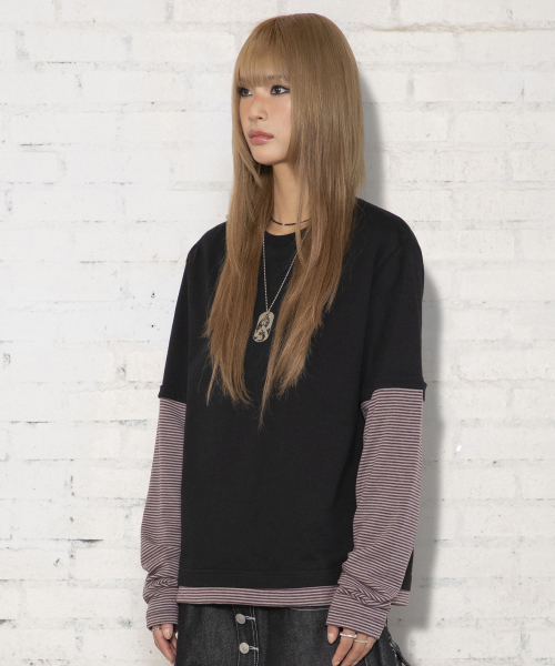 XTT166 롤업 레이어드 크롭 롱슬리브 (STRIPE BLACK)