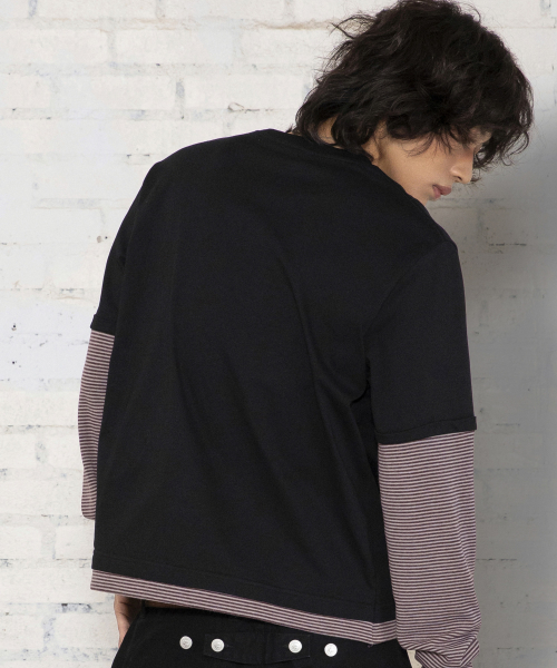 XTT166 롤업 레이어드 크롭 롱슬리브 (STRIPE BLACK)
