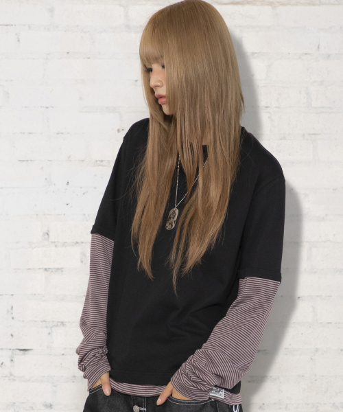 XTT166 롤업 레이어드 크롭 롱슬리브 (STRIPE BLACK)