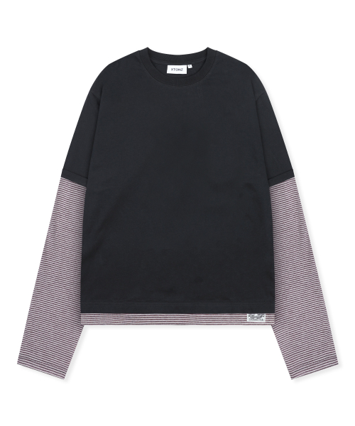 XTT166 롤업 레이어드 크롭 롱슬리브 (STRIPE BLACK)