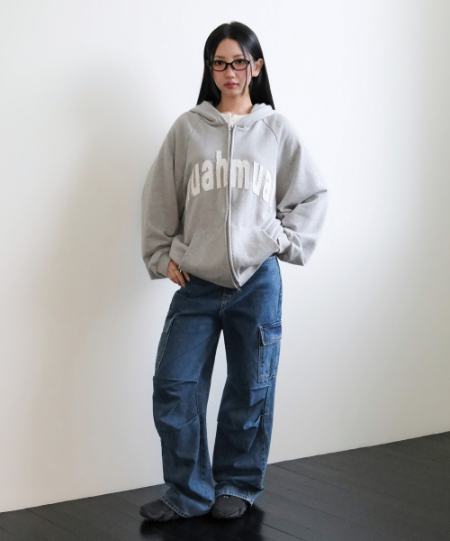 VINTAGE APPLIQUE MUAH PATCH HOOD ZIPUP [GRAY]
