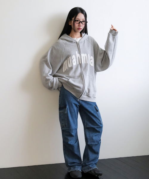 VINTAGE APPLIQUE MUAH PATCH HOOD ZIPUP [GRAY]