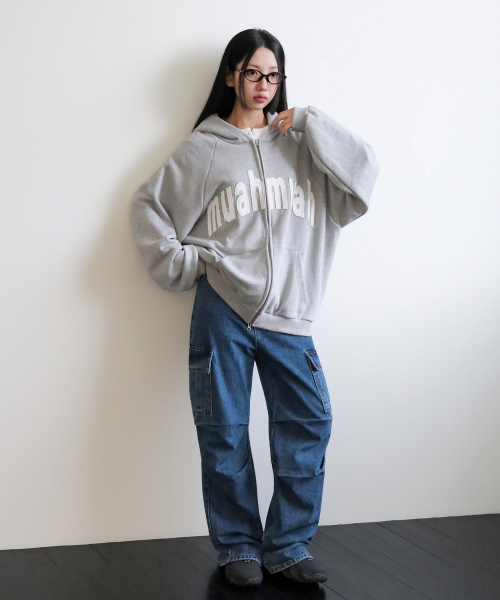 VINTAGE APPLIQUE MUAH PATCH HOOD ZIPUP [GRAY]