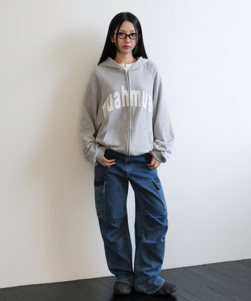 VINTAGE APPLIQUE MUAH PATCH HOOD ZIPUP [GRAY]