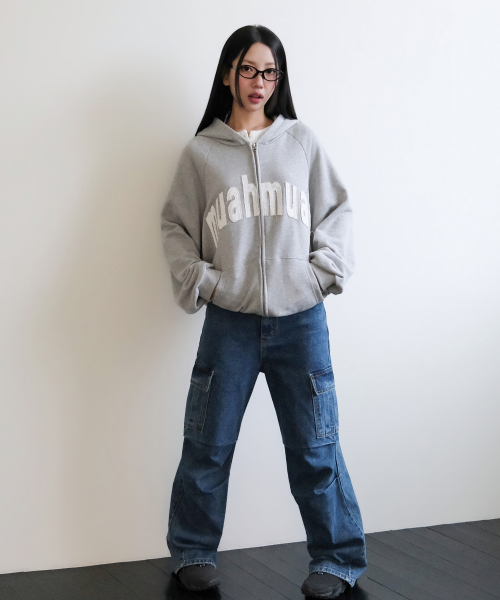 VINTAGE APPLIQUE MUAH PATCH HOOD ZIPUP [GRAY]