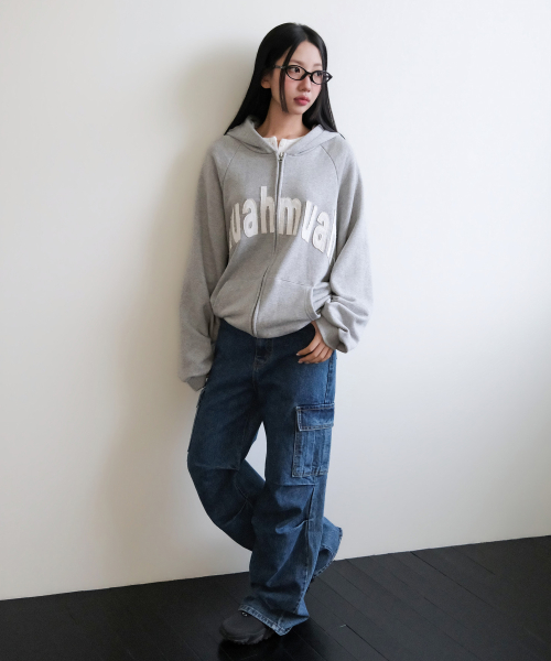 VINTAGE APPLIQUE MUAH PATCH HOOD ZIPUP [GRAY]