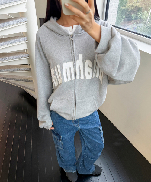 VINTAGE APPLIQUE MUAH PATCH HOOD ZIPUP [GRAY]