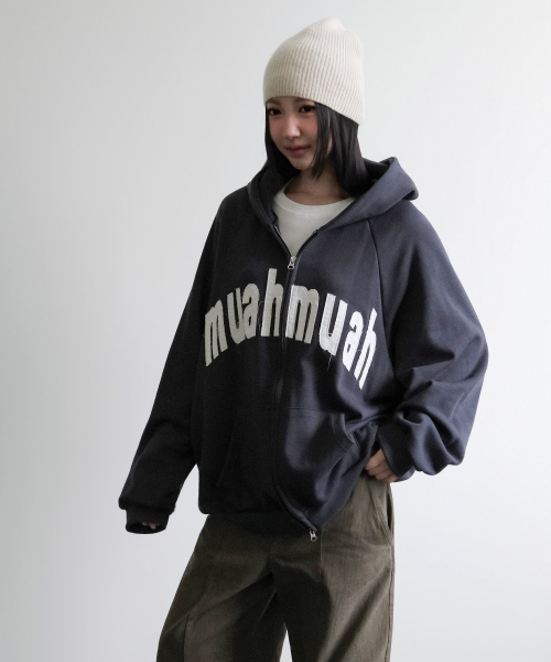 VINTAGE APPLIQUE MUAH PATCH HOOD ZIPUP [CHARCOAL]