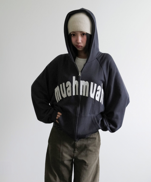 VINTAGE APPLIQUE MUAH PATCH HOOD ZIPUP [CHARCOAL]