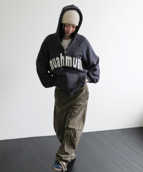 VINTAGE APPLIQUE MUAH PATCH HOOD ZIPUP [CHARCOAL]
