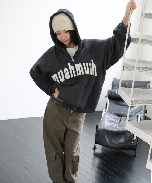 VINTAGE APPLIQUE MUAH PATCH HOOD ZIPUP [CHARCOAL]
