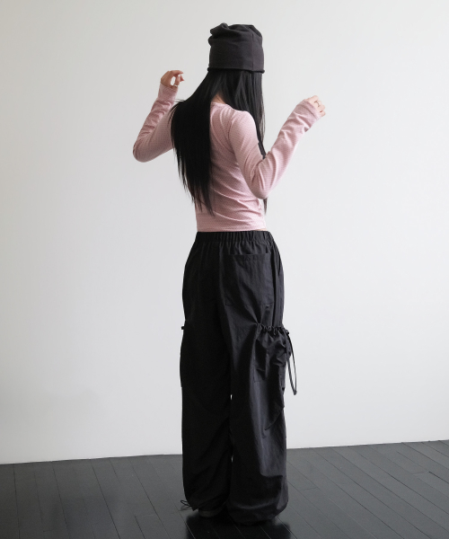 SIDE RIBBON STRING CARGO POCKET BANDING PANTS [BLACK]