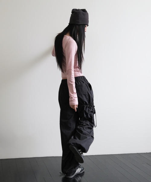SIDE RIBBON STRING CARGO POCKET BANDING PANTS [BLACK]