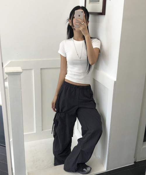 SIDE RIBBON STRING CARGO POCKET BANDING PANTS [CHARCOAL]