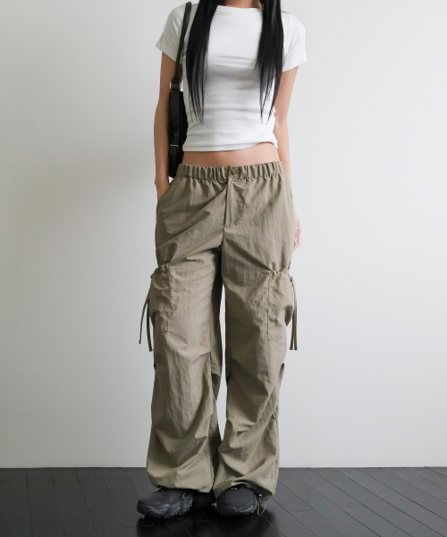 SIDE RIBBON STRING CARGO POCKET BANDING PANTS [BEIGE]