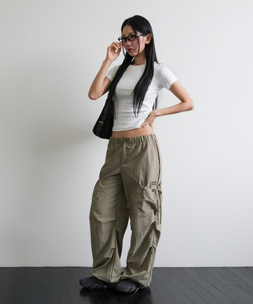 SIDE RIBBON STRING CARGO POCKET BANDING PANTS [BEIGE]