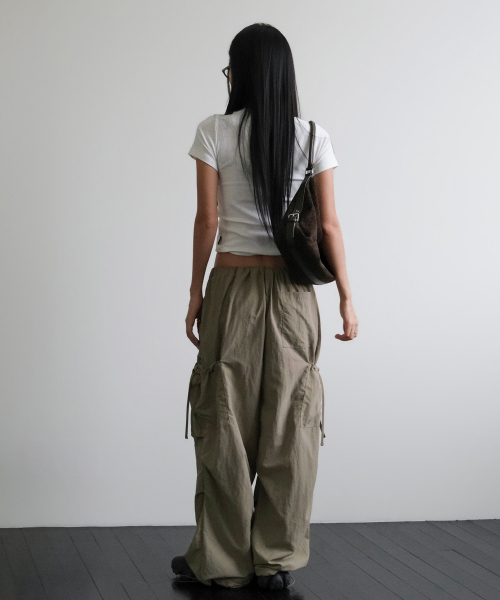 SIDE RIBBON STRING CARGO POCKET BANDING PANTS [BEIGE]