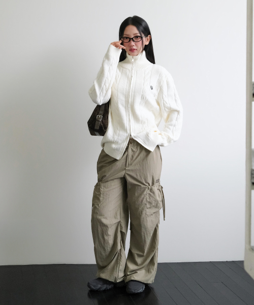 SIDE RIBBON STRING CARGO POCKET BANDING PANTS [BEIGE]