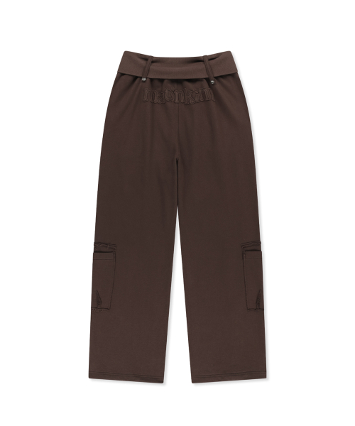 MIXED WAFFLE FOLDOVER WAIST JERSEY PANTS IN BROWN