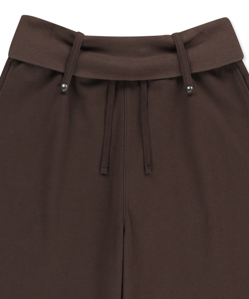 MIXED WAFFLE FOLDOVER WAIST JERSEY PANTS IN BROWN