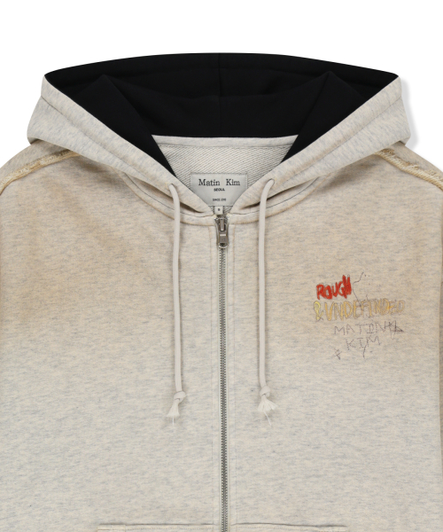 VINTAGE WASHED COLOR CONTRAST HOODY ZIP UP IN LIGHT BEIGE