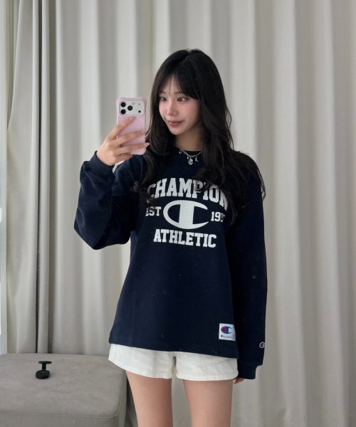 로고 와플 롱슬리브 티셔츠 Navy