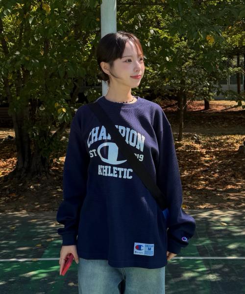 로고 와플 롱슬리브 티셔츠 Navy
