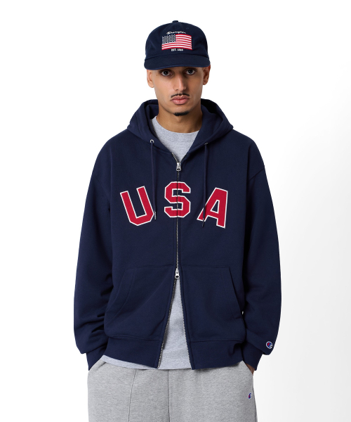 USA 로고 후드 집업 Navy