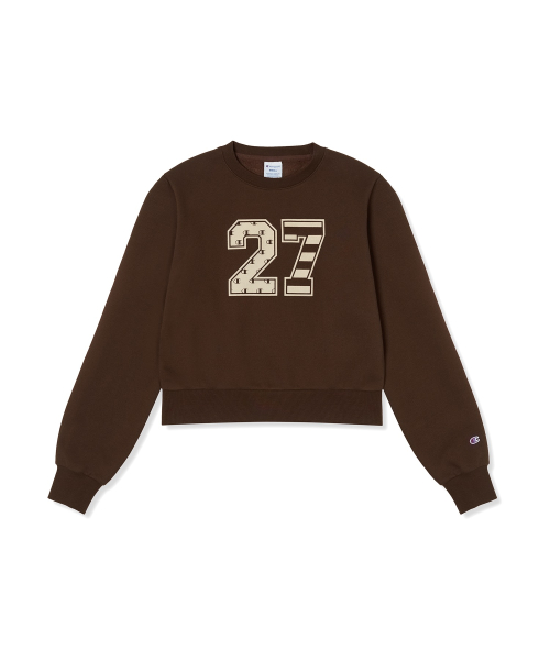 여성 넘버링 크롭 기모 스웨트 셔츠 Brown