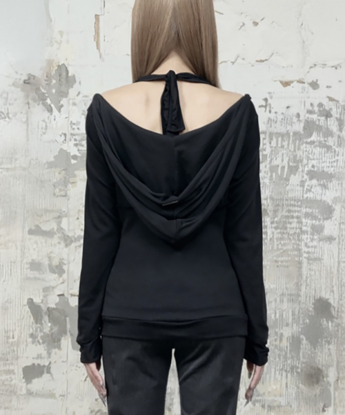 Halter-Neck Hooded Slim-Fit Long Sleeve Top (Black)