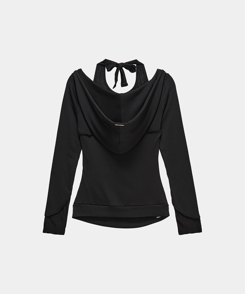 Halter-Neck Hooded Slim-Fit Long Sleeve Top (Black)