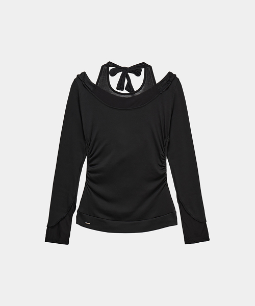Halter-Neck Hooded Slim-Fit Long Sleeve Top (Black)