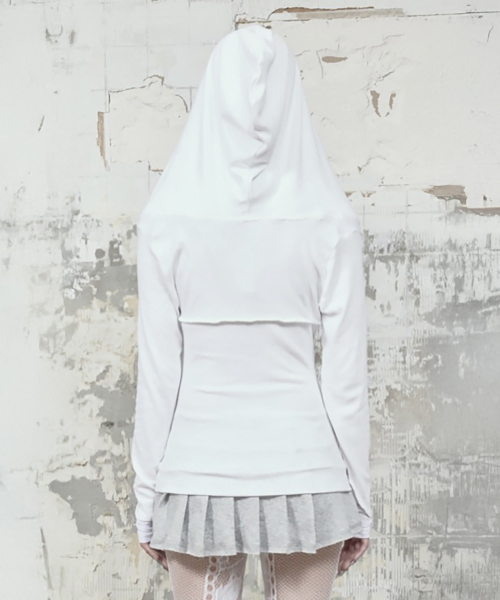 Halter-Neck Hooded Slim-Fit Long Sleeve Top (White)