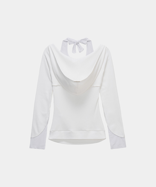 Halter-Neck Hooded Slim-Fit Long Sleeve Top (White)