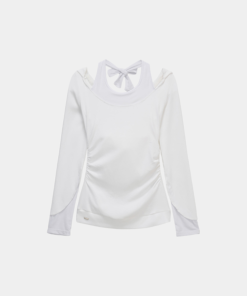 Halter-Neck Hooded Slim-Fit Long Sleeve Top (White)