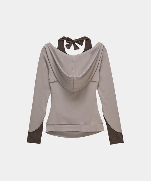Halter-Neck Hooded Slim-Fit Long Sleeve Top (Moca)