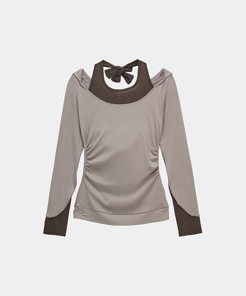 Halter-Neck Hooded Slim-Fit Long Sleeve Top (Moca)