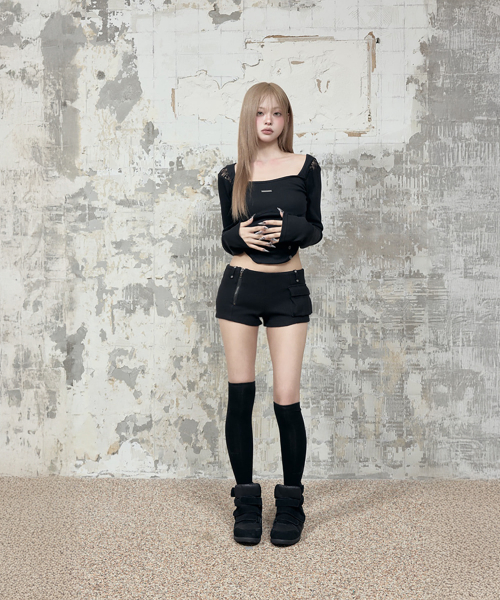 Waffle Zipper Hot Pants (Black)