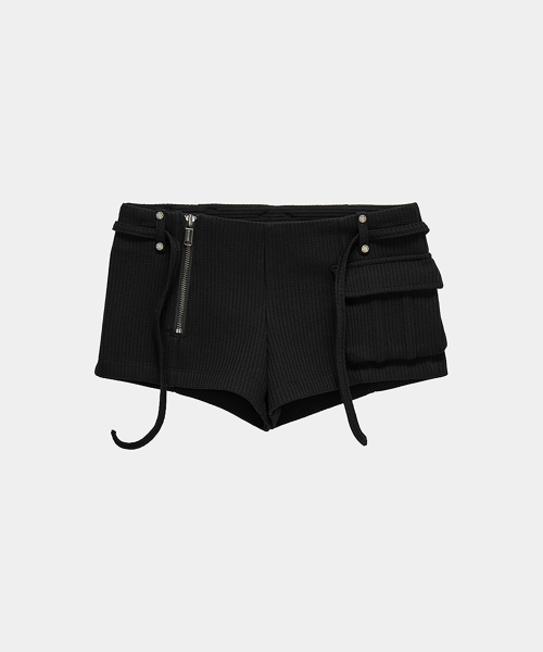 Waffle Zipper Hot Pants (Black)