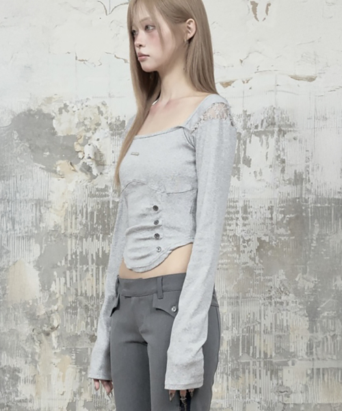 Bust Line Pintuck Detail Long Sleeve (Gray)