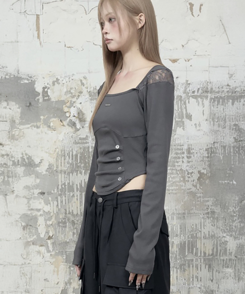 Bust Line Pintuck Detail Long Sleeve (Dark Gray)